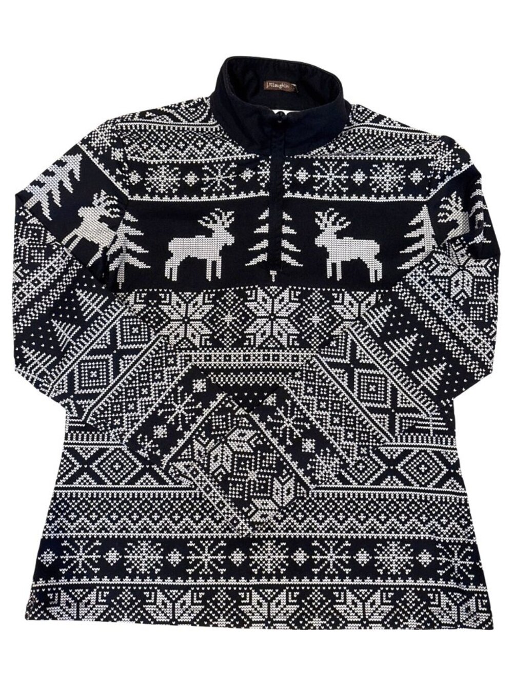 J. McLaughlin Black & White Nordic Reindeer Print 1/4 Zip Pullover Size M